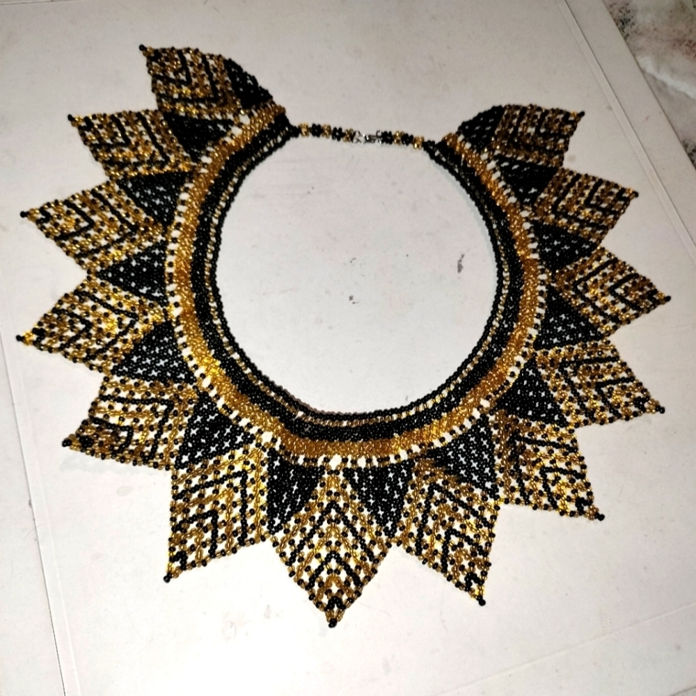 black and gold seed bead collared necklace